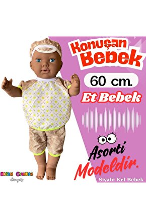 Oynar Gözlü Türkçe Konuşan Siyahi Berke Kel Et Bebek 60 Cm. - Konuşabilen Bebek - Kel Büyük Bebek