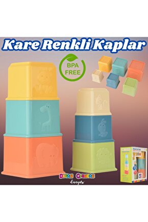 Eğitici Kare Renkli Kaplar - Üst Üste Dizme Oyunu - Kırılmaz Oyuncak - Kırılmaz Bebek Oyuncak - Kutu