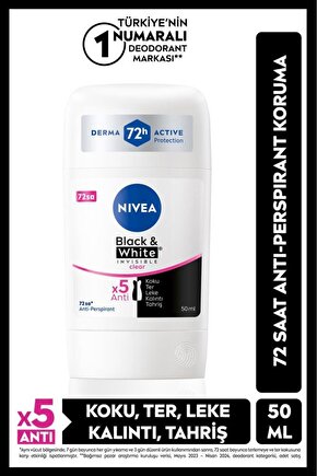 Kadın Stick Deodorant Black&white Invisible Clear 50ml, 72 Saat Anti-perspirant Ter Koruması