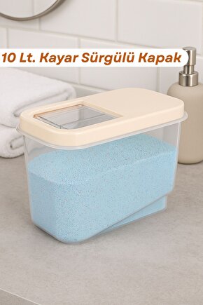 10 Lt Etiketli Kayar Kapaklı Deterjan Saklama Kabı -tablet Deterjan Saklama Kutusu Krem