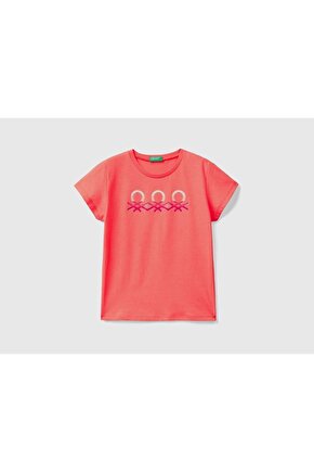 Kız Çocuk Mercan Simli Benetton Yazılı T-shirt