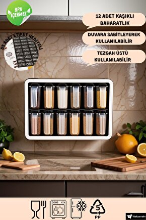 12li 250 ml Standlı Kendinden Yapışkanlı Tezgah Üstü ve Duvar Sabitlemeli Kaşıklı Baharatlık Seti