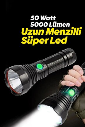 50 Watt 5000 Lümen Süper Led Uzun Menzilli 546 Metreye Kadar Güçlü 1x26650 Lion Batarya