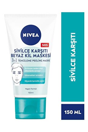 3in1 Sivilce Karşıtı Beyaz Kil Maskesi 150ml, Temizleyici, Peeling, Maske, Gözenek Arındırıcı