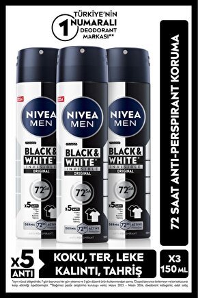 MEN Erkek Sprey Deodorant Black&White Invisible Original 150ml,72 Saat Anti-Perspirant,X3 Adet