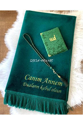 Anneler Gününe Özel İsimli Lüx Kadife Seccade, Kişiye Özel Seccade, Yasin ve Tesbih