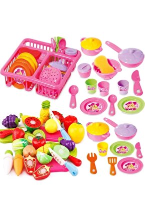 Oyuncak Bulaşıklık Tabak Tencere Set + 22 Parça Kesilebilen Oyuncak Meyve Sebze Set depomiKS