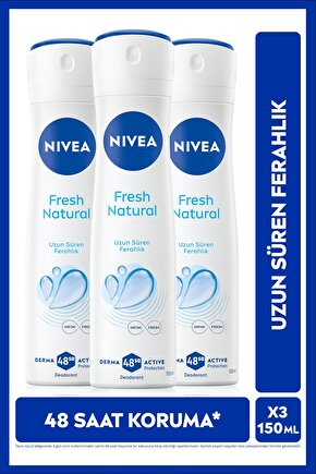 Kadın Sprey Deodorant Fresh Natural 150ml, Ter Kokusuna Karşı 48 Saat Koruma, Ferahlık, X3 Adet