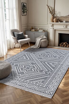 Macro Bohem Touch Serisi Çift Taraflı Dokuma Pamuklu Kilim 1701 Siyah