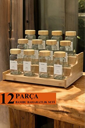 12’li Bambu Kapaklı Kare Formlu Cam Baharatlık Seti 120 ml   16 Adet Etiket Hediye