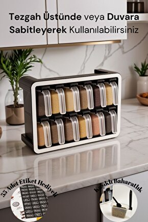 12li 250 ml Standlı Kendinden Yapışkanlı Kaşıklı Baharatlık Seti Siyah
