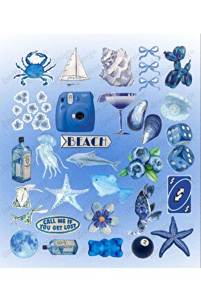 Aesthetic Blue Vintage Summer Mavi Rüya Sticker Seti Etiket Laptop Telefon Tablet