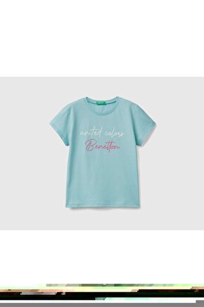 Kız Çocuk Su Yeşili Simli Benetton Yazılı T-shirt