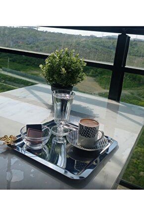 Lüx Sarı Kelebek Aksesuarlı Paslanmaz Çelik 6’lı Gümüş Kahve, Çay, Dekoratif Sunum Servis Tepsisi