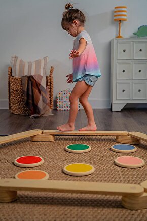 Montessori Ahşap Denge Kirişi, Denge Tahtası, Basamak Taşları, Aktivite Çocuk Oyuncağı(5 SOPA 5 TAŞ)