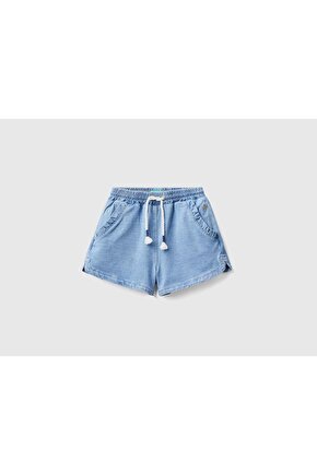 Kız Çocuk Mix Cebi Fırfırlı Denim Şort Yüz Baskılı