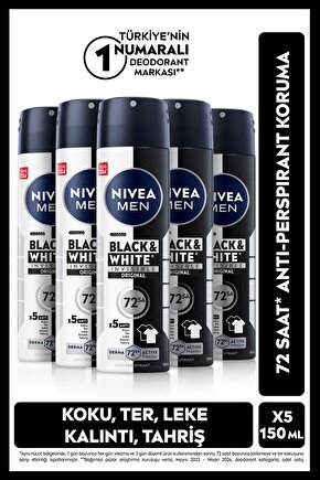 MEN  Erkek Sprey Deodorant Black&White Invisible Original 150 ml, 72 Saat Koruma, X5 Adet