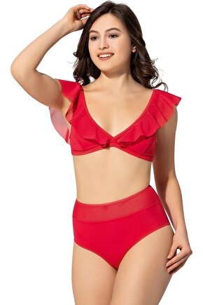 Düz Fırfırlı Yüksek Bel Bikini 5005 Kırmızı