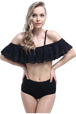 Kadın Siyah Lazerli Volanlı Bikini Takımı