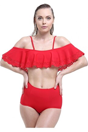 Lazerli Volanlı Bikini - Argisa 5022 - Kırmızı