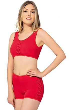 Kadın Tüllü Detaylı Şortlu Bikini Takımı Kırmızı