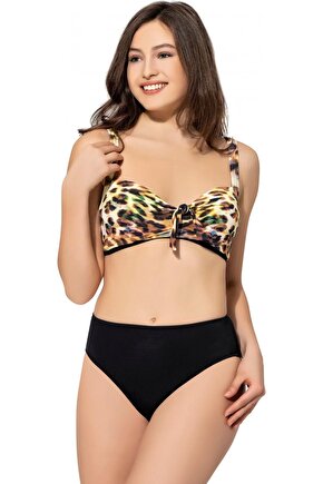 Desenli Fiyonklu Renkli Büyük Beden Bikini 5039 Desenli Sarı