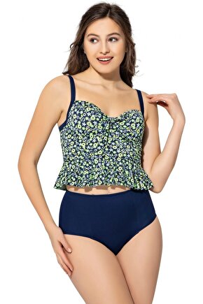Yüksek Bel Desenli Ince Askılı Fırfırlı Tankini 5055 Desenli Yeşil