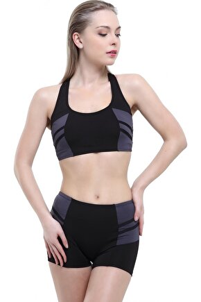 Kadın Siyah Modelli Şeritli Badili Şortlu Bikini Takımı