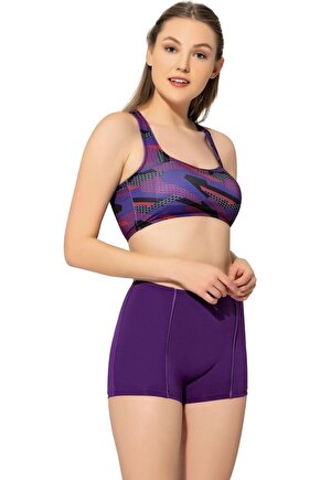 Kadın Mor Modelli Desenli Badili Şortlu Yüzücü Bikini