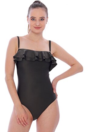 Straplez Çift Fırfırlı Mayo 6032 Haki