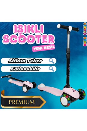 Lupa Katlanabilir Işıklı 3 Tekerlekli Pembe Scooter - Işıklı Scooter - Slikon Teker Scooter - Çocuk