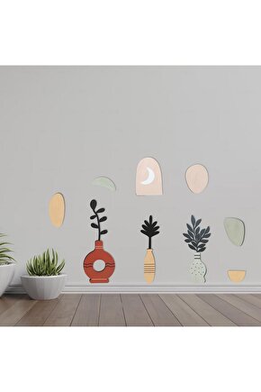 9 Parça Dekoratif Ahşap Sanatsal Vazo Çiçek Pastel Renk Duvar Tablo Seti Ahşap Dekor