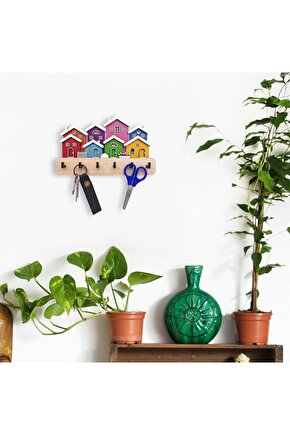 Yanyana Renkli Evler Ahşap Dekoratif Duvar Askısı Anahtarlık Modern Dekor