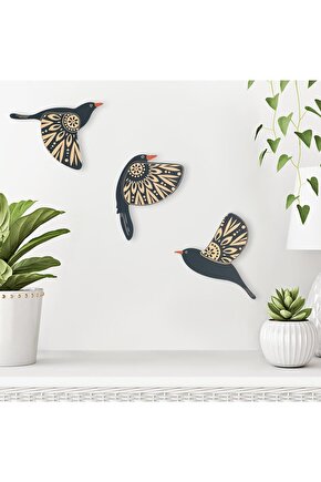 Dekoratif Üçlü Desenli Kuşlar Ahşap Duvar Tablo Dekor Süs