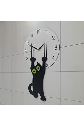 Özel Ahşap Tasarım Saati Tırmalayan Kara Kedi Duvar Saati Dekor