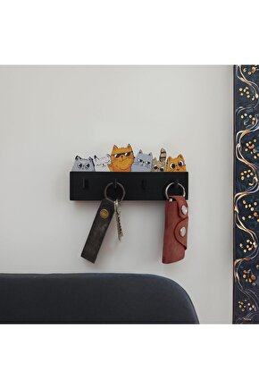 Renkli Çizim Sevimli Kediler Duvar Askılık Anahtarlık