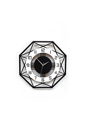 Sekizgen Geometrik Ahşap Tasarım 40 cm Modern Duvar Saati Siyah Beyaz
