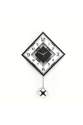 Dörtgen Geometrik Tasarım 50 cm Modern Ahşap Sarkaçlı Duvar Saati Siyah Beyaz
