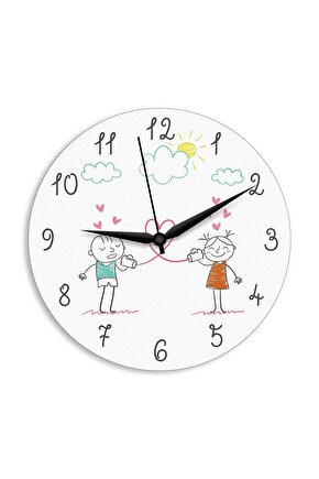 Sevimli Çocuksu Çizim Aşk Temalı Sevgililer Günü Ahşap Duvar Saati
