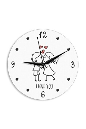 Love You Yazılı Sevimli Çizim Sevgililer Günü Hediye Duvar Saati