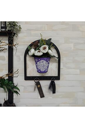 Ahşap Motifli Mor Saksı İçinde Beyaz Yapay Çiçek Askılık Duvar Dekoru