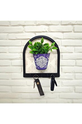 Ahşap Motifli Mor Saksı İçinde Yeşil Yapay Bitki Askılık Duvar Dekoru