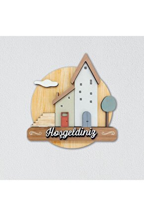 Ahşap Pastel Renk Evler Hoşgeldiniz Duvar Kapı Dekoru Süs