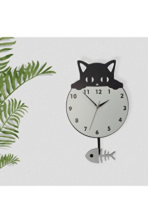 Ahşap Sallanan Sarkaçlı Siyah Kedi Ve Kılçık Duvar Saati Dekor