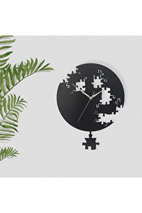 Siyah Puzzle Desenli Modern Sallanan Sarkaçlı Duvar Saati