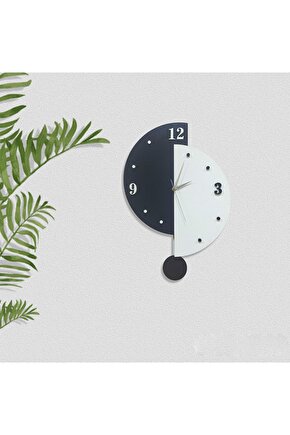 Siyah Beyaz Asimetrik Modern Sallanan Sarkaçlı Duvar Saati