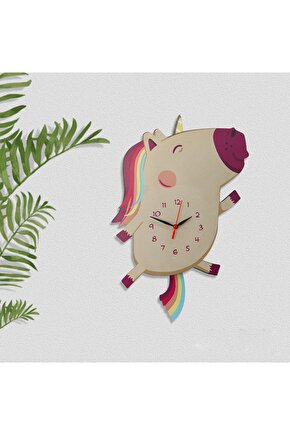 Ahşap Sallanan Sarkaçlı Unicorn Çocuk Odası Duvar Saati