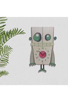 Ahşap Sallanan Sarkaçlı Robot Adam Çocuk Odası Duvar Saati