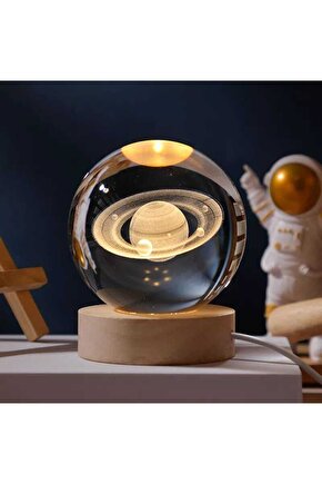 Led Işıklı Ahşap Standlı Satürn Cam Küre Ev Ofis Dekor