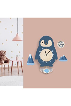 Sallanan Sarkaçlı Penguen Desenli Çocuk Odası Duvar Saati